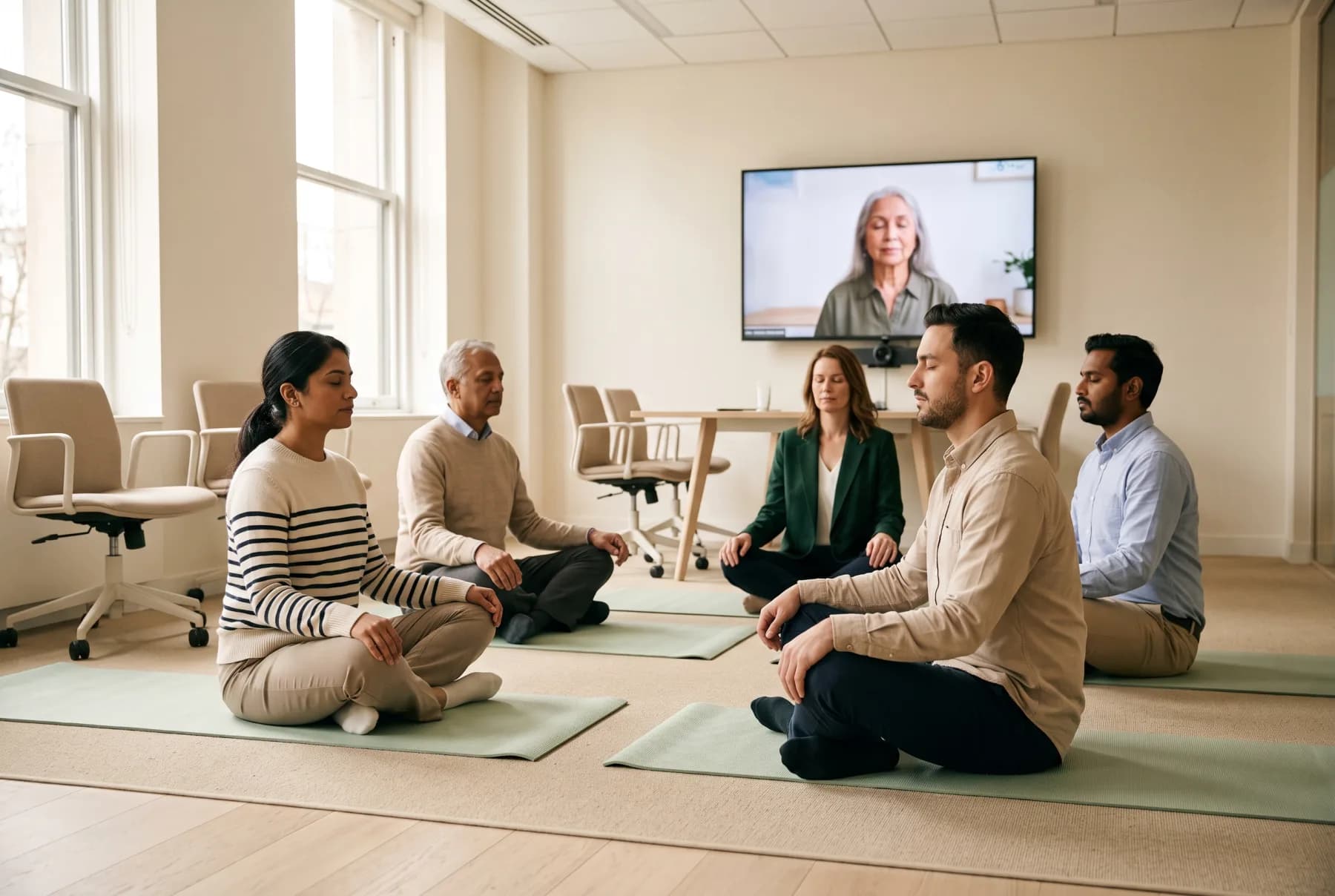 Colleagues seated on mats in a meeting room, following a session led on screen