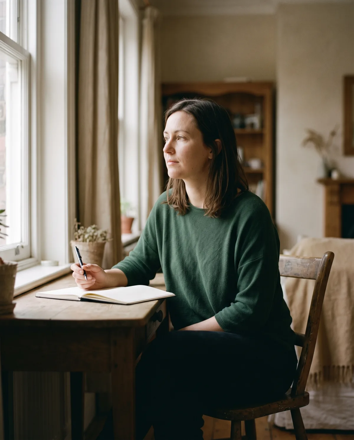 A woman sitting by a window at home, writing in a notebook